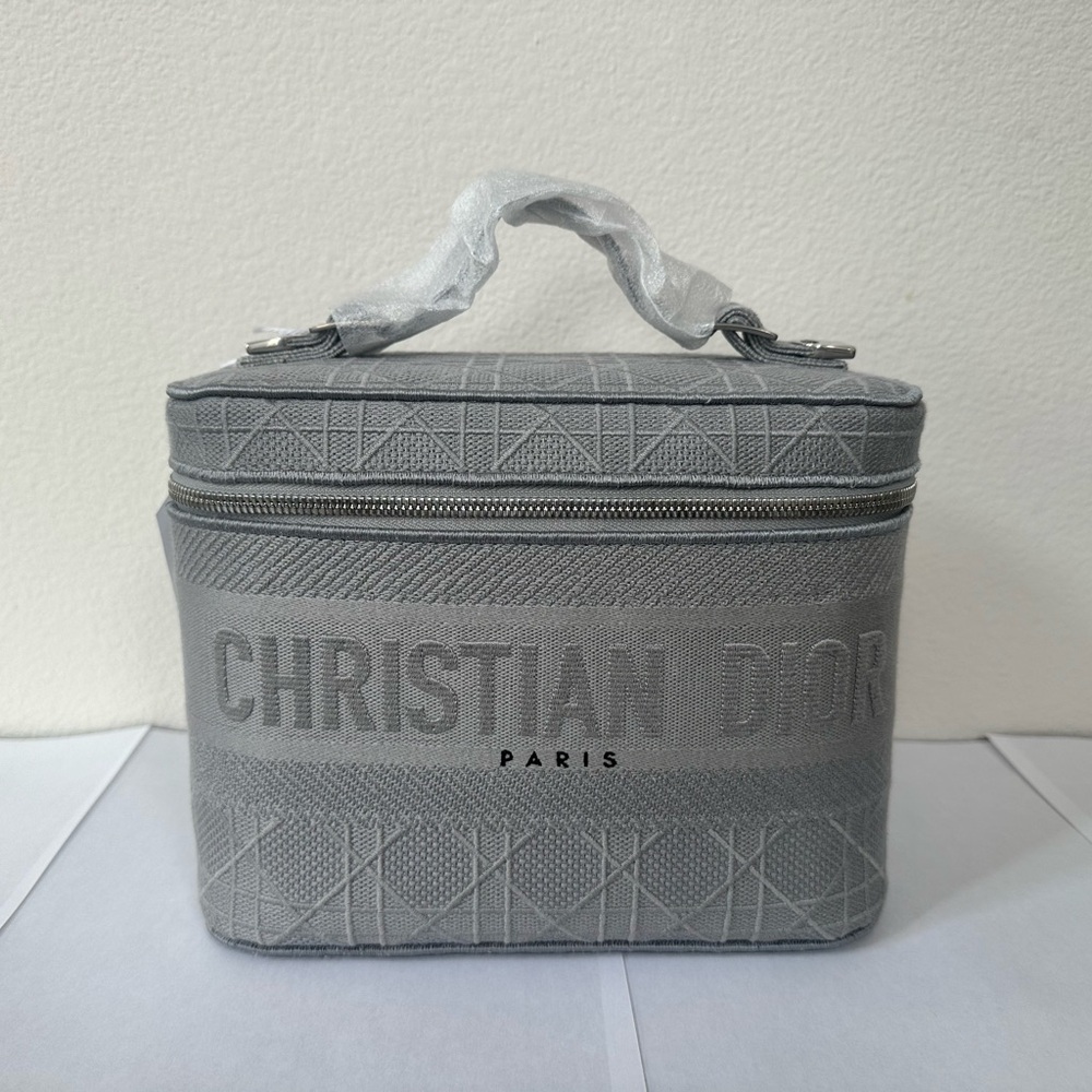 Christian Dior <Brand New> Cannage Embroidered Canvas Vanity Case in Gray